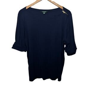 Lauren Ralph Lauren Knit Top Navy Gold Zip Comfy Casual Spring Short Sleeve 1X